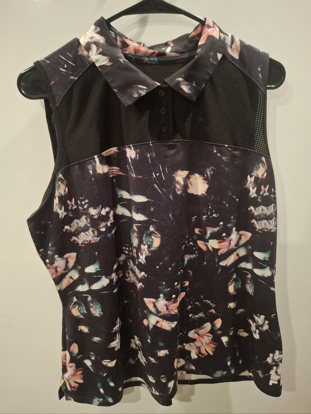 Fila Black Floral Mesh Polo Tank with Peach & Teal Accents